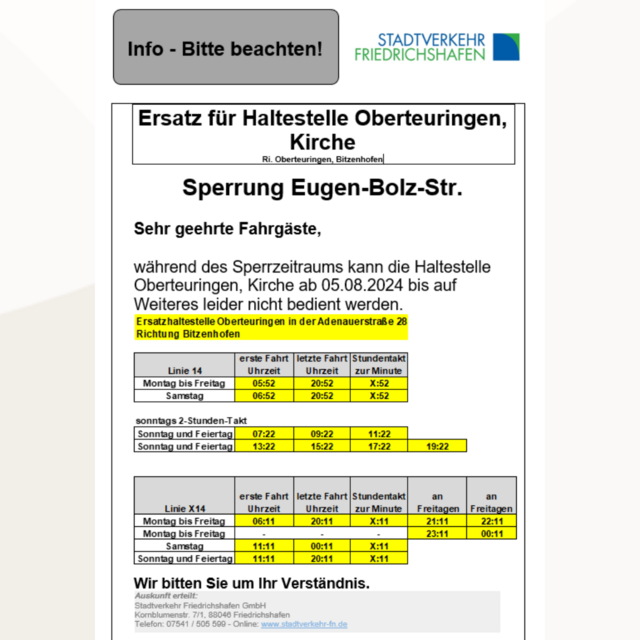 Ersatzfahrplan Bushaltestelle Kirche (Richtung Bitzenhofen)