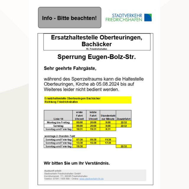 Ersatzfahrplan Bushaltestelle Bachäcker