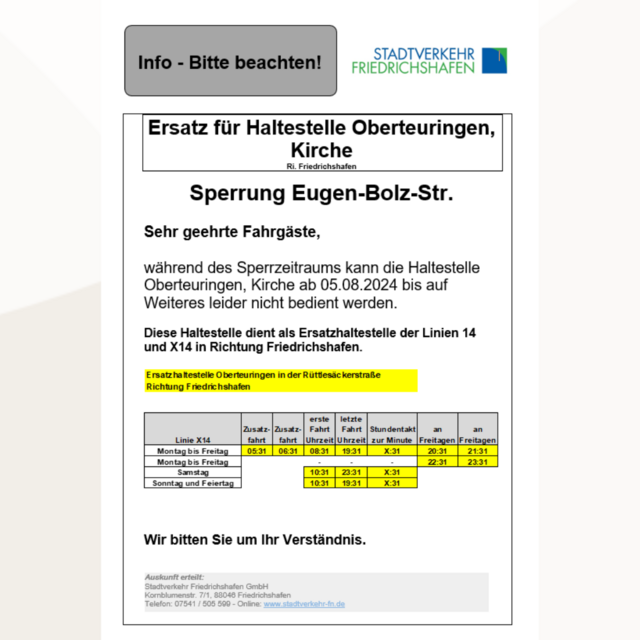 Ersatzfahrplan Bushaltestelle Kirche (Richtung FN)