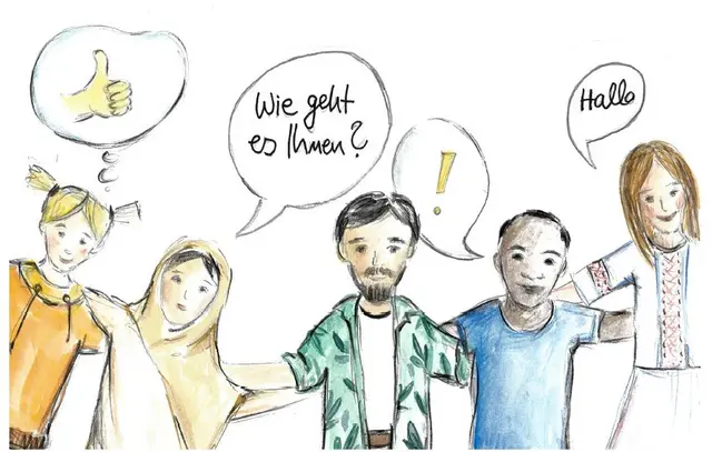 Zeichnung von Menschen aus verschiedenen Ländern, die zum Deutschkurs kommen